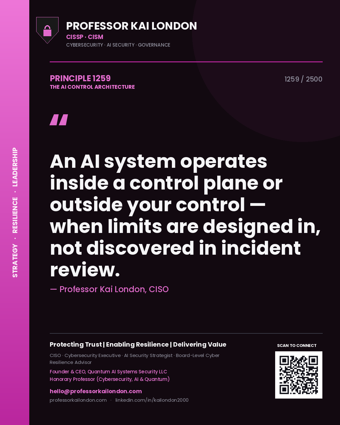 Quote card by Professor Kai London reading 'An AI system operates inside a control plane or outside your control — when limits are designed in, not discovered in incident review.'. From the book The AI Control Architecture.
