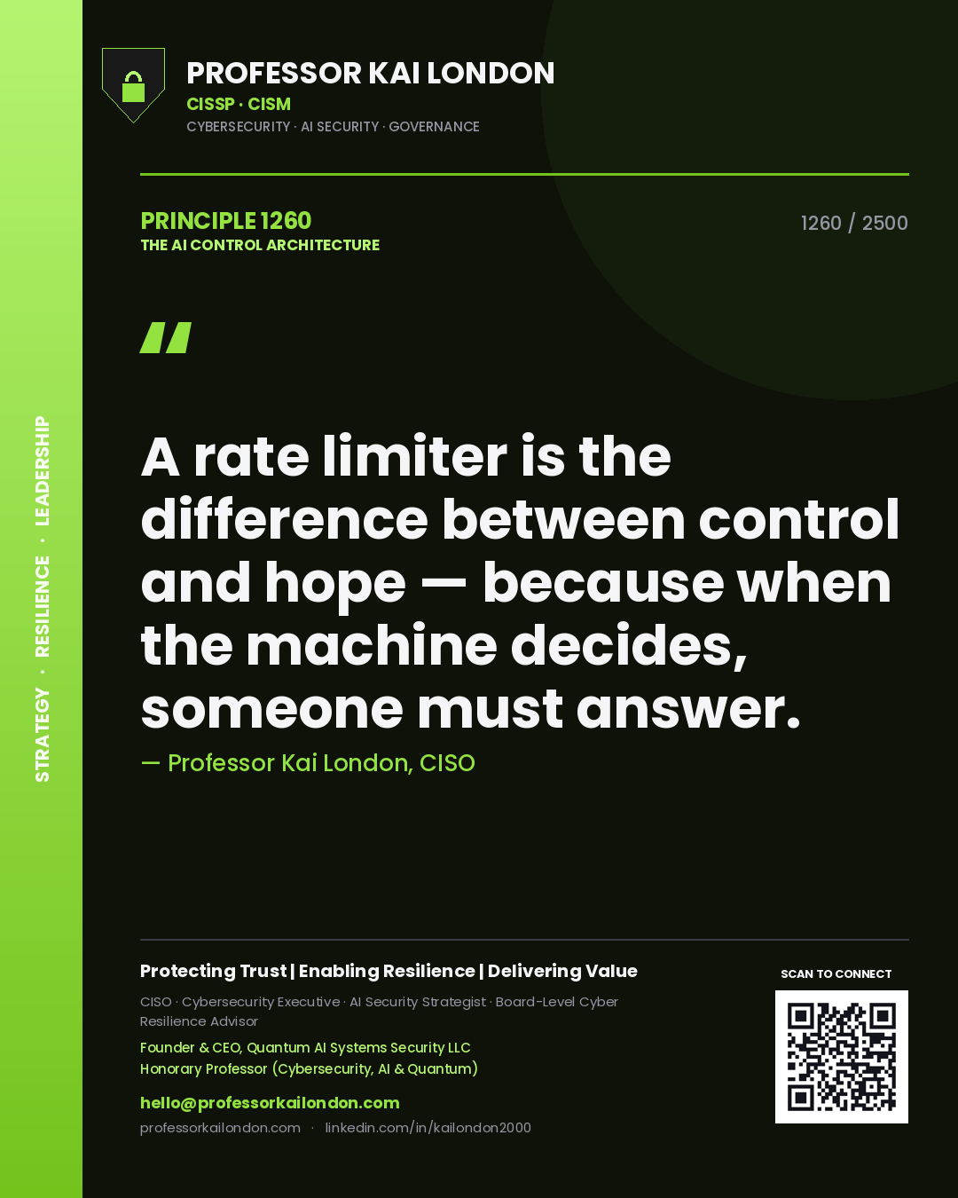 Professor Kai London principle 1260: A rate limiter is the difference between control and hope — because when the machine decides, someone must answer.