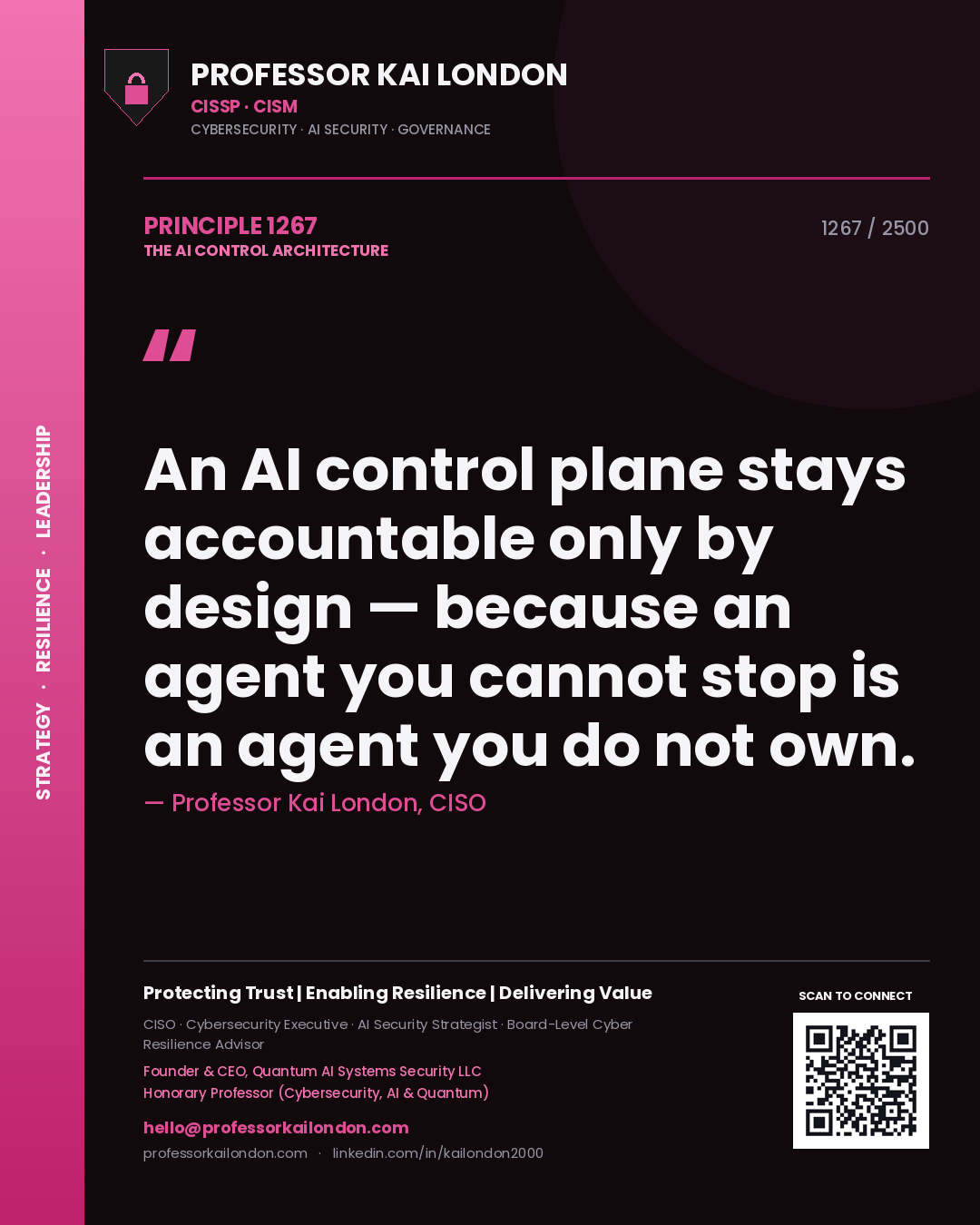 Quote card by Professor Kai London reading 'An AI control plane stays accountable only by design — because an agent you cannot stop is an agent you do not own.'. From the book The AI Control Architecture.
