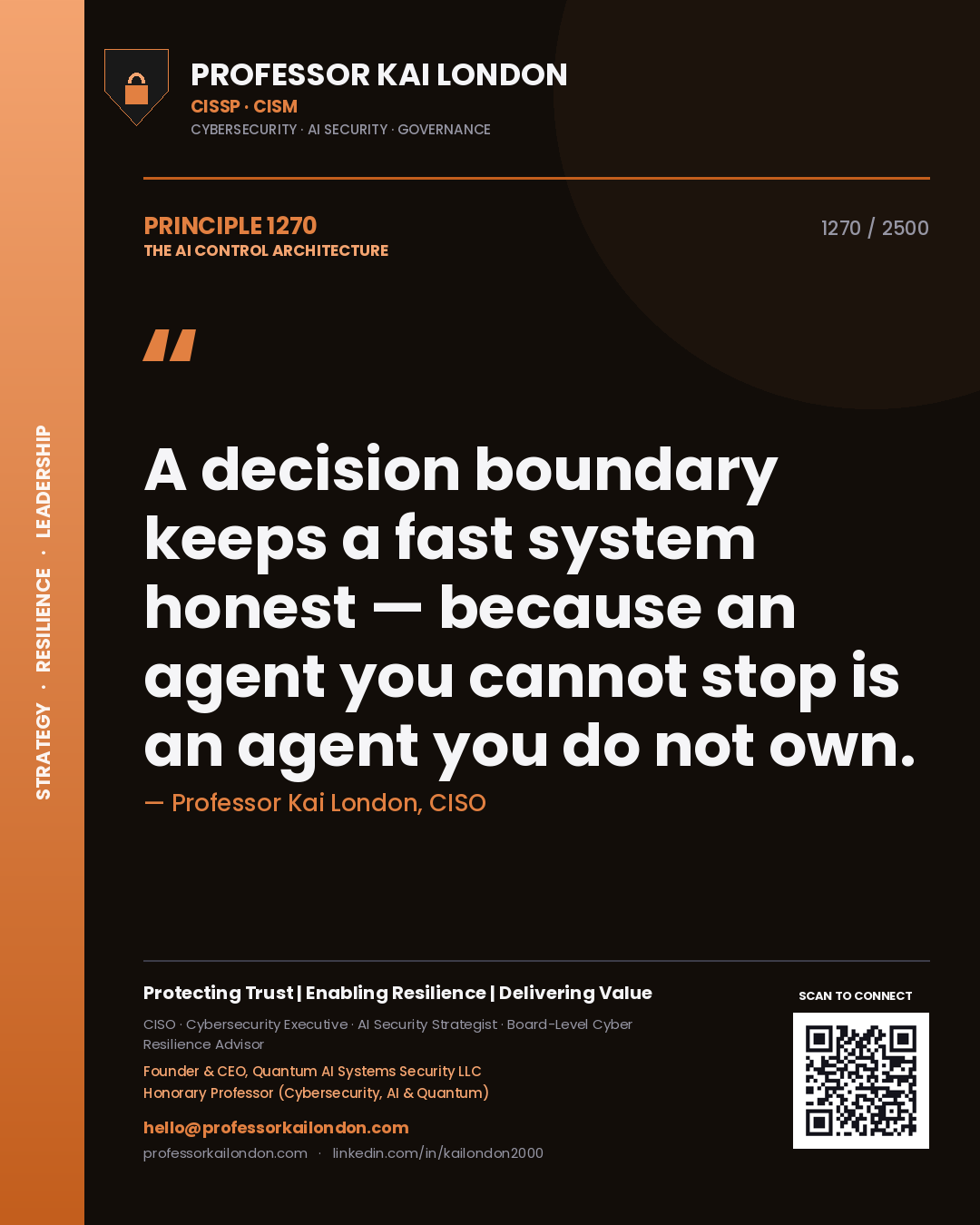 Quote card by Professor Kai London reading 'A decision boundary keeps a fast system honest — because an agent you cannot stop is an agent you do not own.'. From the book The AI Control Architecture.