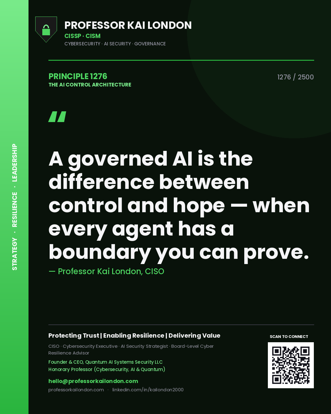 Professor Kai London principle 1276: A governed AI is the difference between control and hope — when every agent has a boundary you can prove.