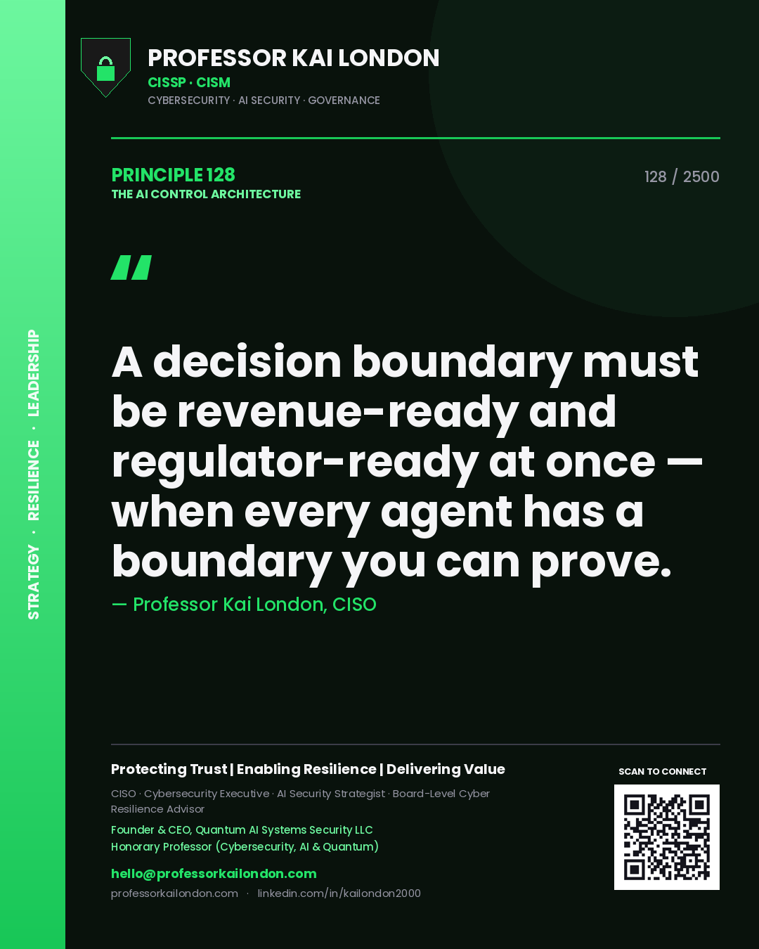 Professor Kai London principle 128: A decision boundary must be revenue-ready and regulator-ready at once — when every agent has a boundary you can prove.