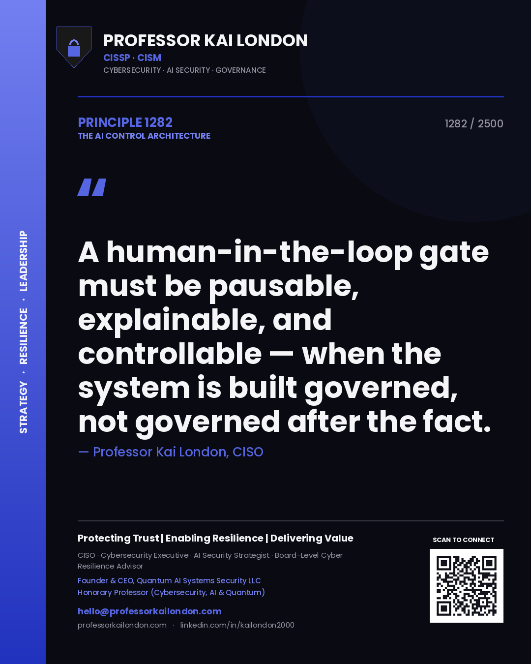 Professor Kai London principle 1282: A human-in-the-loop gate must be pausable, explainable, and controllable — when the system is built governed, not governed after the fact.