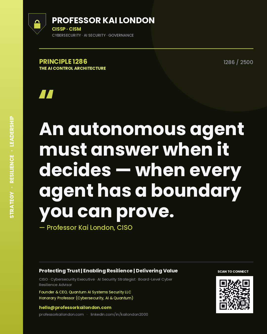 Quote card by Professor Kai London reading 'An autonomous agent must answer when it decides — when every agent has a boundary you can prove.'. From the book The AI Control Architecture.