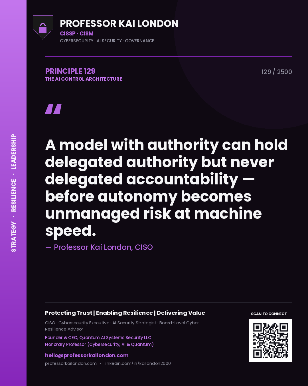 Professor Kai London principle 129: A model with authority can hold delegated authority but never delegated accountability — before autonomy becomes unmanaged risk at machine speed.
