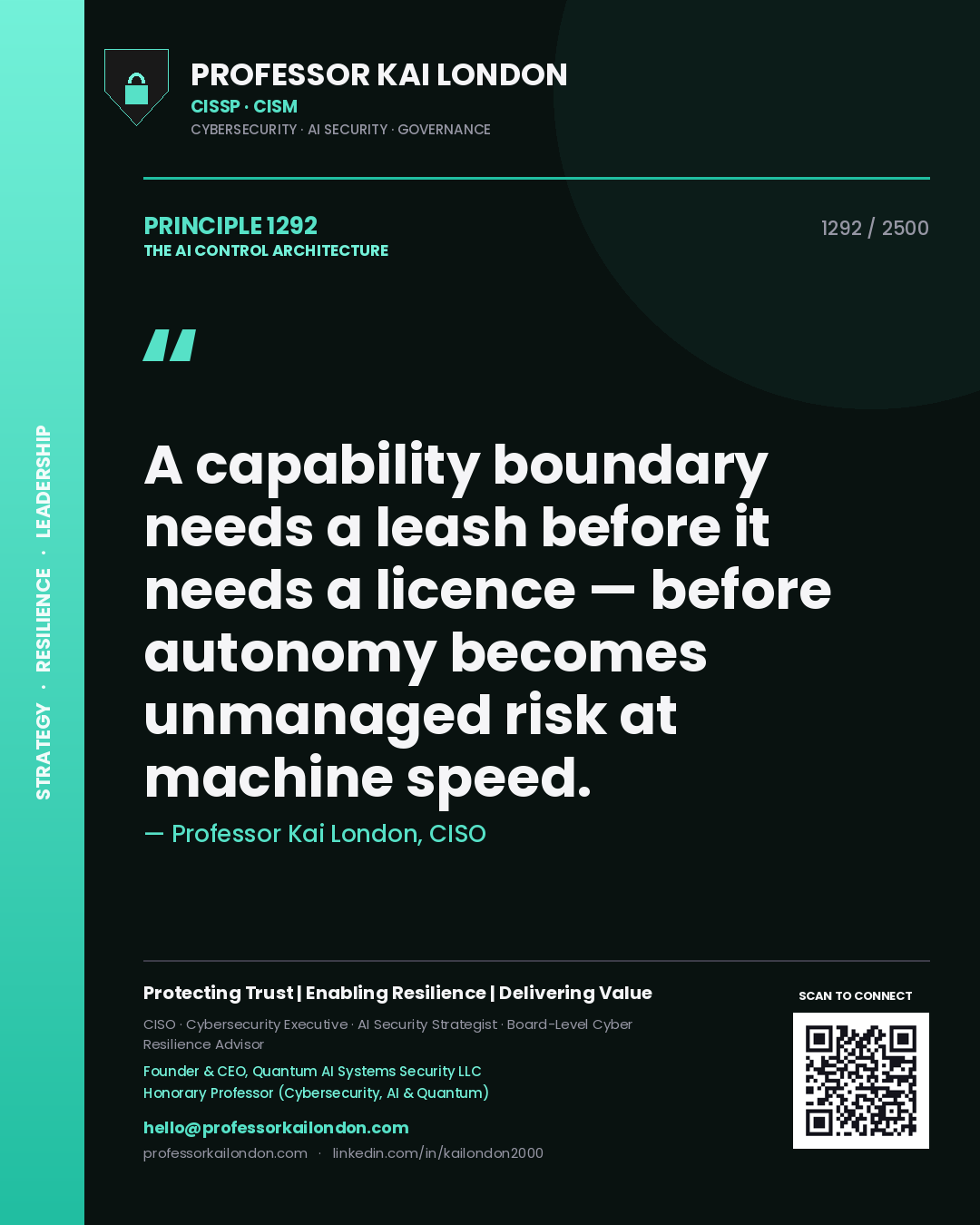 Professor Kai London principle 1292: A capability boundary needs a leash before it needs a licence — before autonomy becomes unmanaged risk at machine speed.