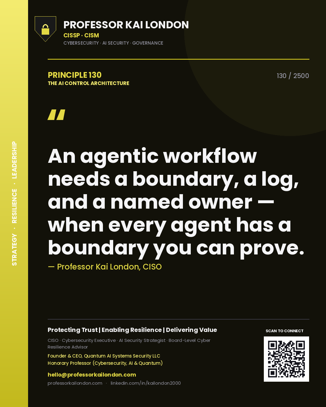 Professor Kai London principle 130: An agentic workflow needs a boundary, a log, and a named owner — when every agent has a boundary you can prove.
