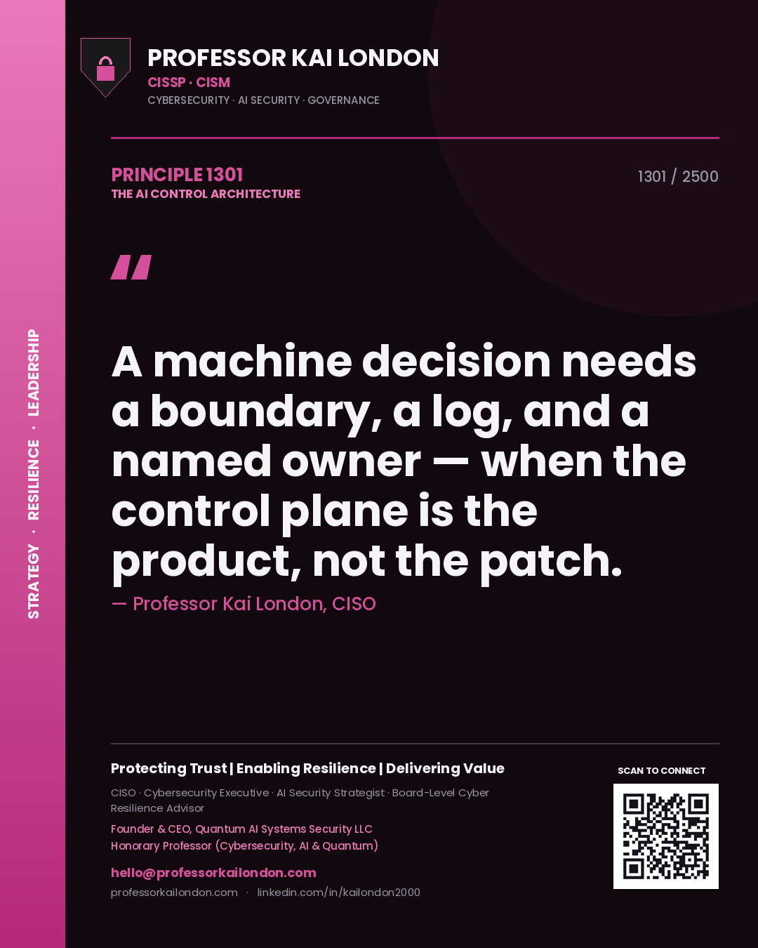Professor Kai London principle 1301: A machine decision needs a boundary, a log, and a named owner — when the control plane is the product, not the patch.