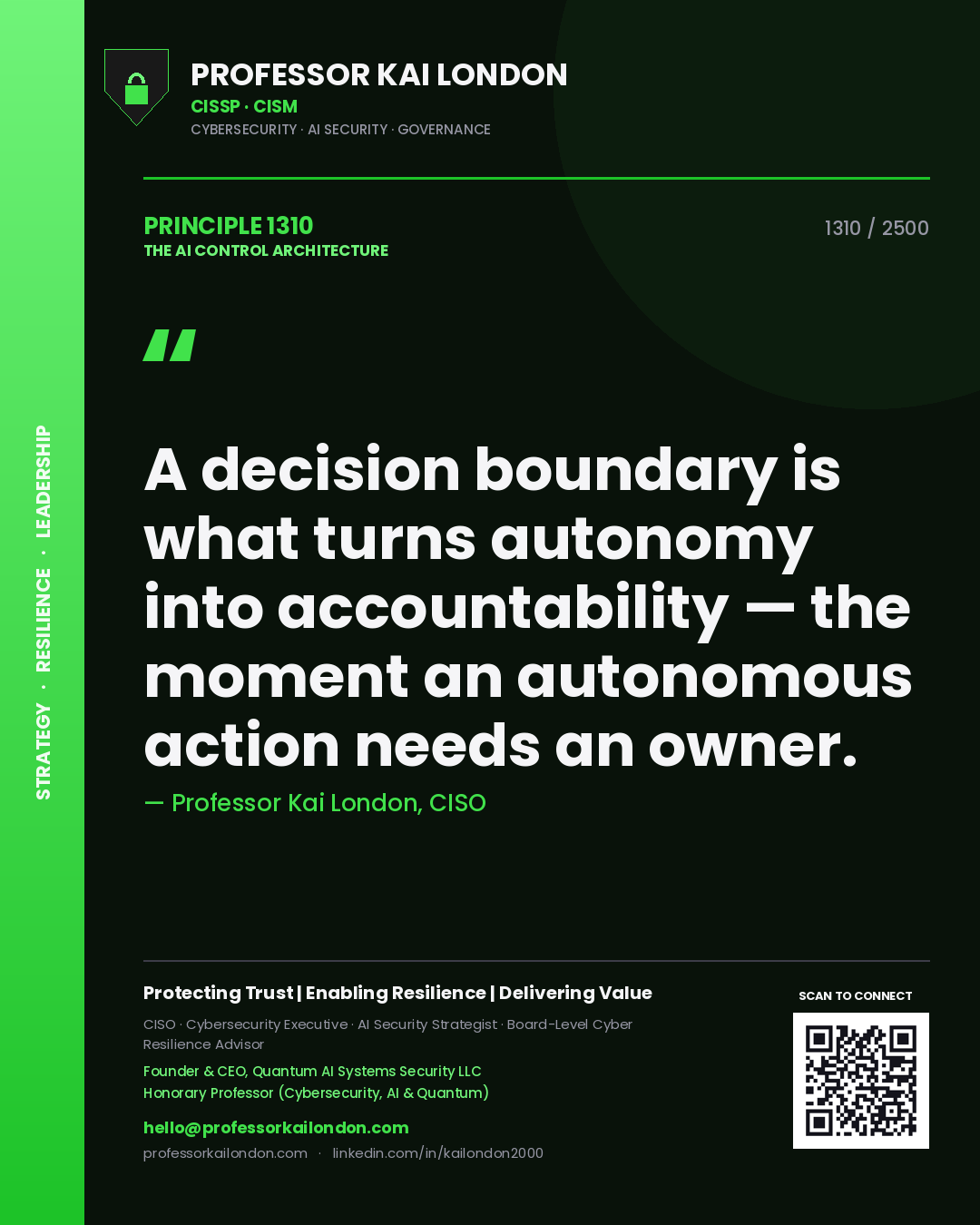 Quote card by Professor Kai London reading 'A decision boundary is what turns autonomy into accountability — the moment an autonomous action needs an owner.'. From the book The AI Control Architecture.