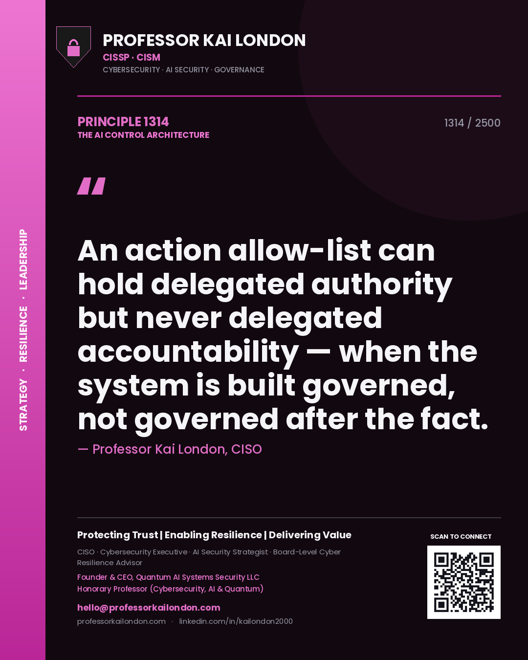 Quote card by Professor Kai London reading 'An action allow-list can hold delegated authority but never delegated accountability — when the system is built governed, not governed after the fact.'. From the book The AI Control Architecture.