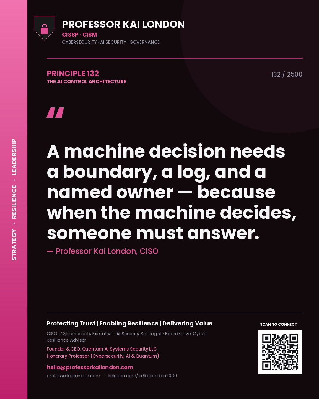Professor Kai London principle 132: A machine decision needs a boundary, a log, and a named owner — because when the machine decides, someone must answer.