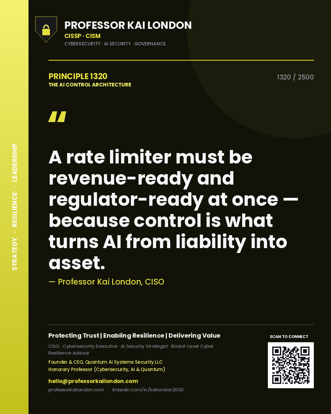 Professor Kai London principle 1320: A rate limiter must be revenue-ready and regulator-ready at once — because control is what turns AI from liability into asset.