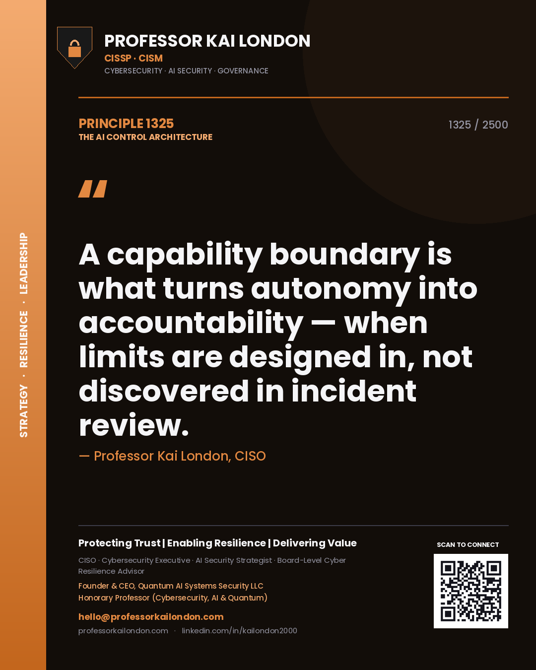 Professor Kai London principle 1325: A capability boundary is what turns autonomy into accountability — when limits are designed in, not discovered in incident review.
