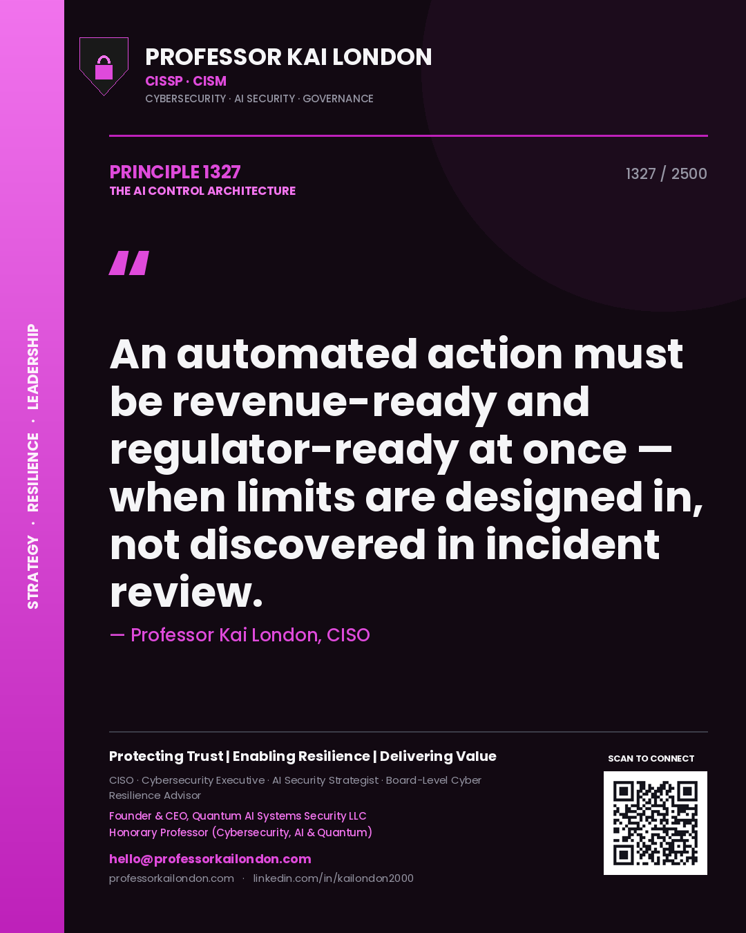 Quote card by Professor Kai London reading 'An automated action must be revenue-ready and regulator-ready at once — when limits are designed in, not discovered in incident review.'. From the book The AI Control Architecture.