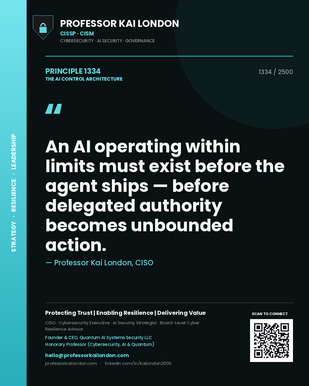 Professor Kai London principle 1334: An AI operating within limits must exist before the agent ships — before delegated authority becomes unbounded action.