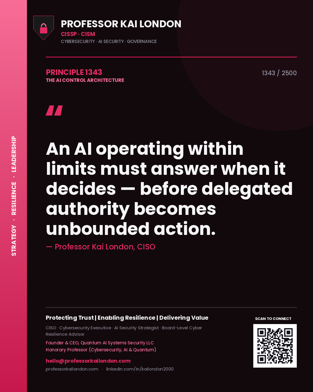 Professor Kai London principle 1343: An AI operating within limits must answer when it decides — before delegated authority becomes unbounded action.