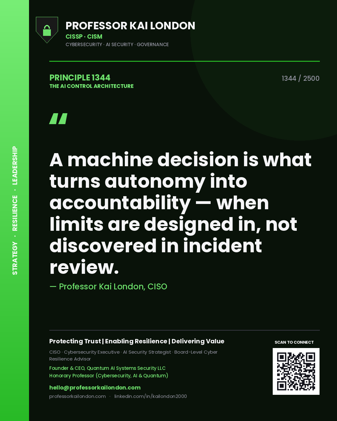 Professor Kai London principle 1344: A machine decision is what turns autonomy into accountability — when limits are designed in, not discovered in incident review.