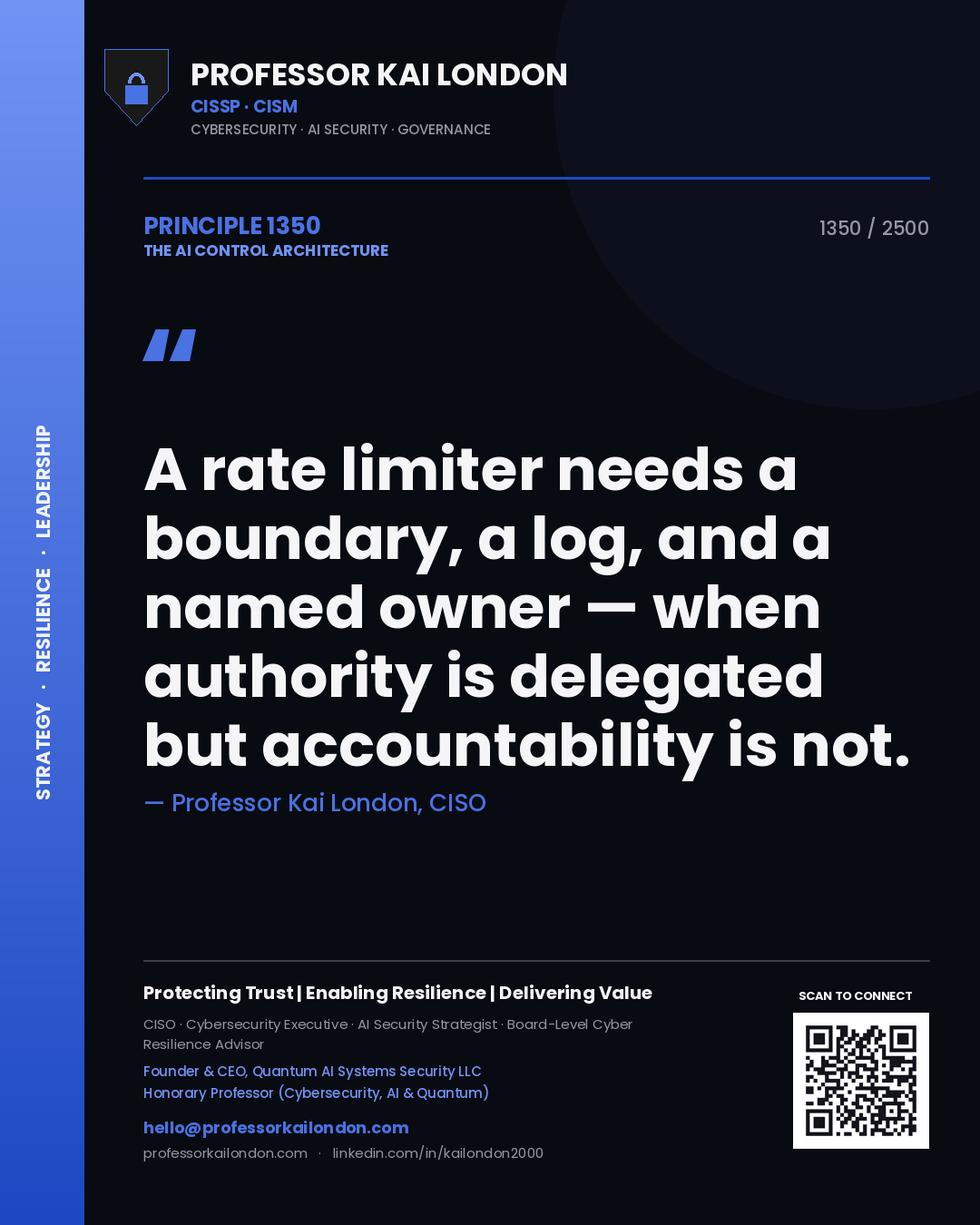 Professor Kai London principle 1350: A rate limiter needs a boundary, a log, and a named owner — when authority is delegated but accountability is not.