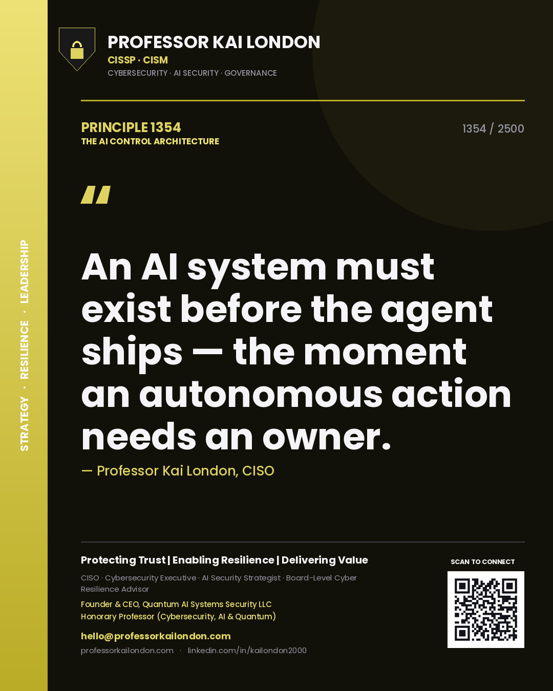 Quote card by Professor Kai London reading 'An AI system must exist before the agent ships — the moment an autonomous action needs an owner.'. From the book The AI Control Architecture.