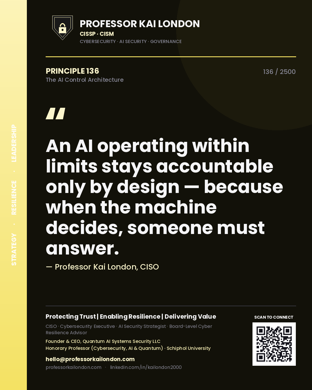 Professor Kai London principle 136: An AI operating within limits stays accountable only by design — because when the machine decides, someone must answer.