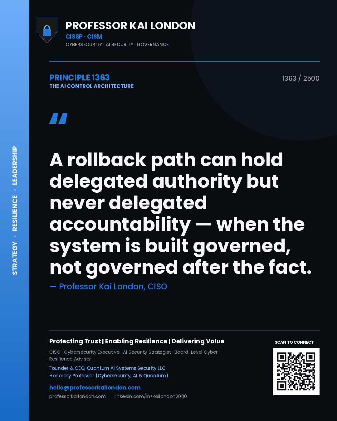 Quote card by Professor Kai London reading 'A rollback path can hold delegated authority but never delegated accountability — when the system is built governed, not governed after the fact.'. From the book The AI Control Architecture.