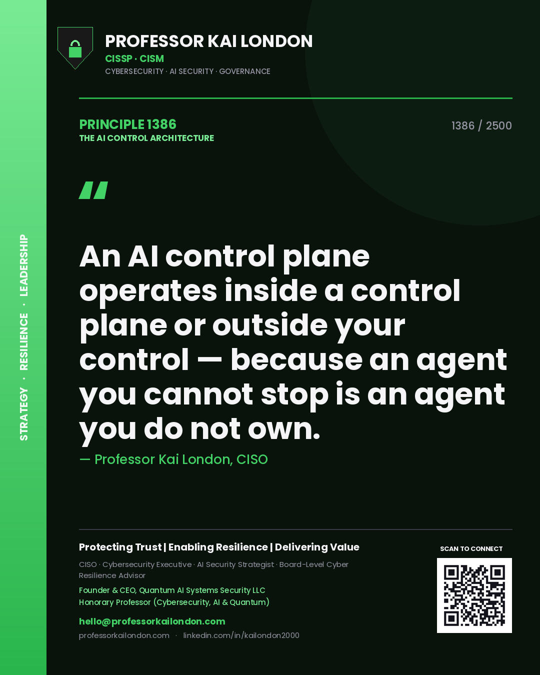 Quote card by Professor Kai London reading 'An AI control plane operates inside a control plane or outside your control — because an agent you cannot stop is an agent you do not own.'. From the book The AI Control Architecture.