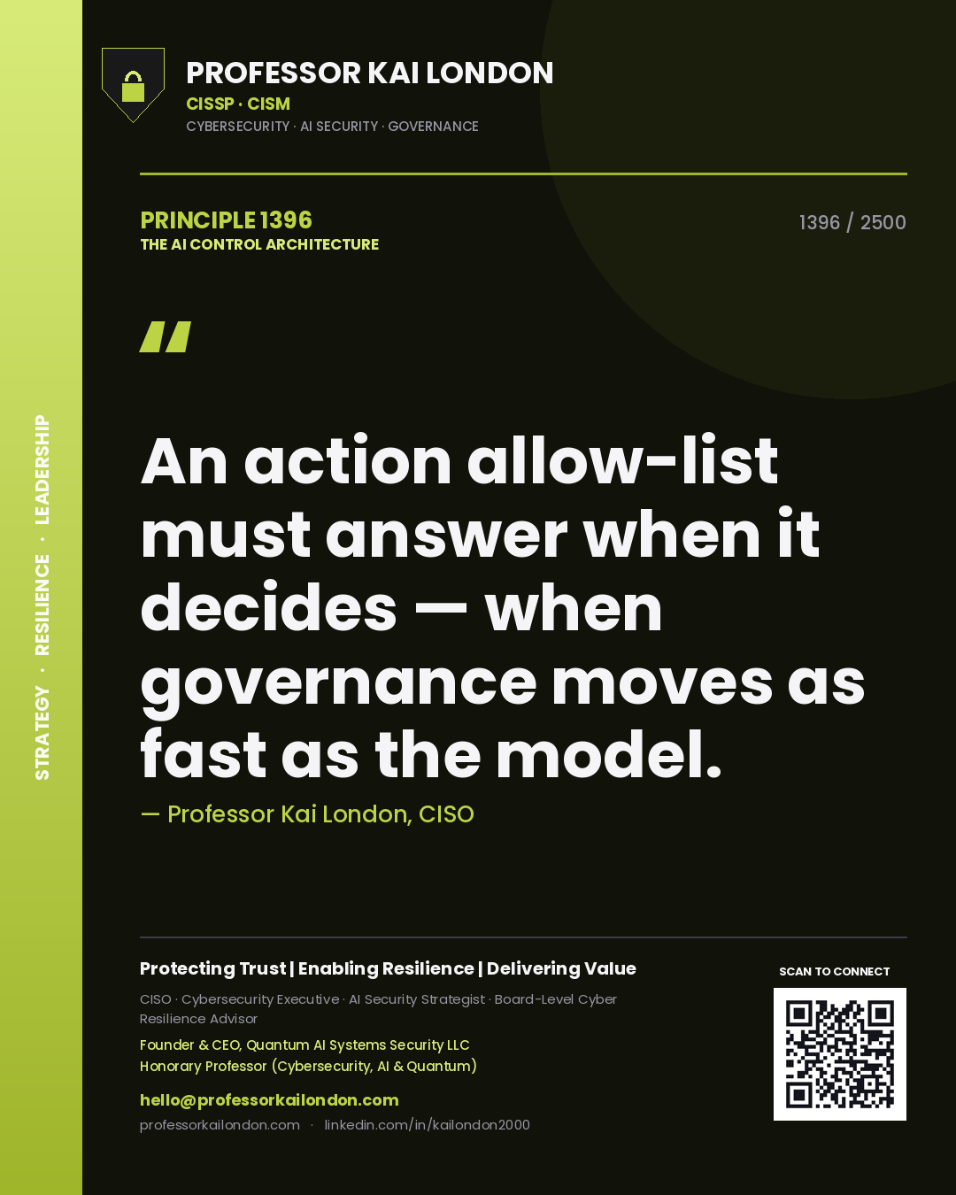 Quote card by Professor Kai London reading 'An action allow-list must answer when it decides — when governance moves as fast as the model.'. From the book The AI Control Architecture.