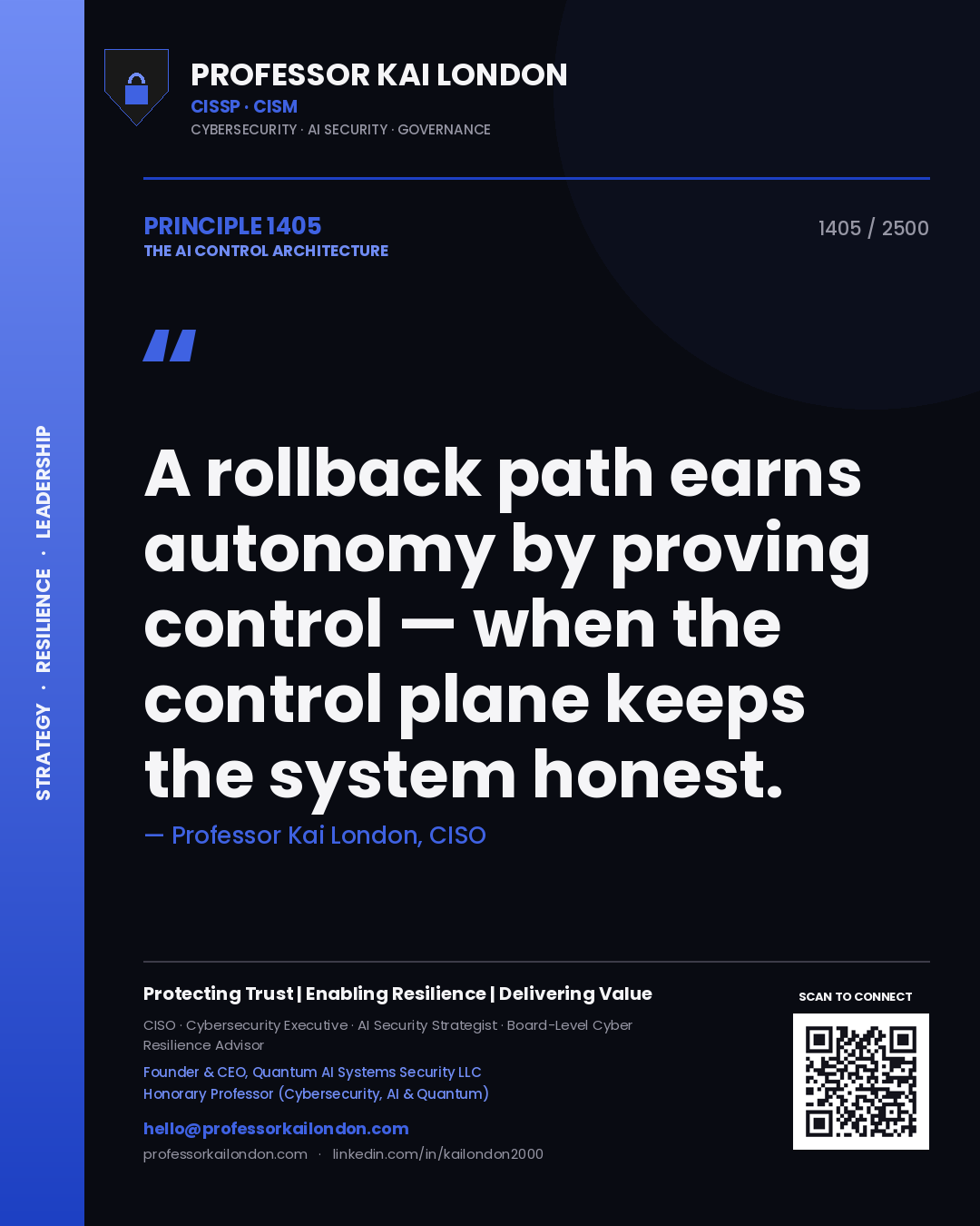 Quote card by Professor Kai London reading 'A rollback path earns autonomy by proving control — when the control plane keeps the system honest.'. From the book The AI Control Architecture.