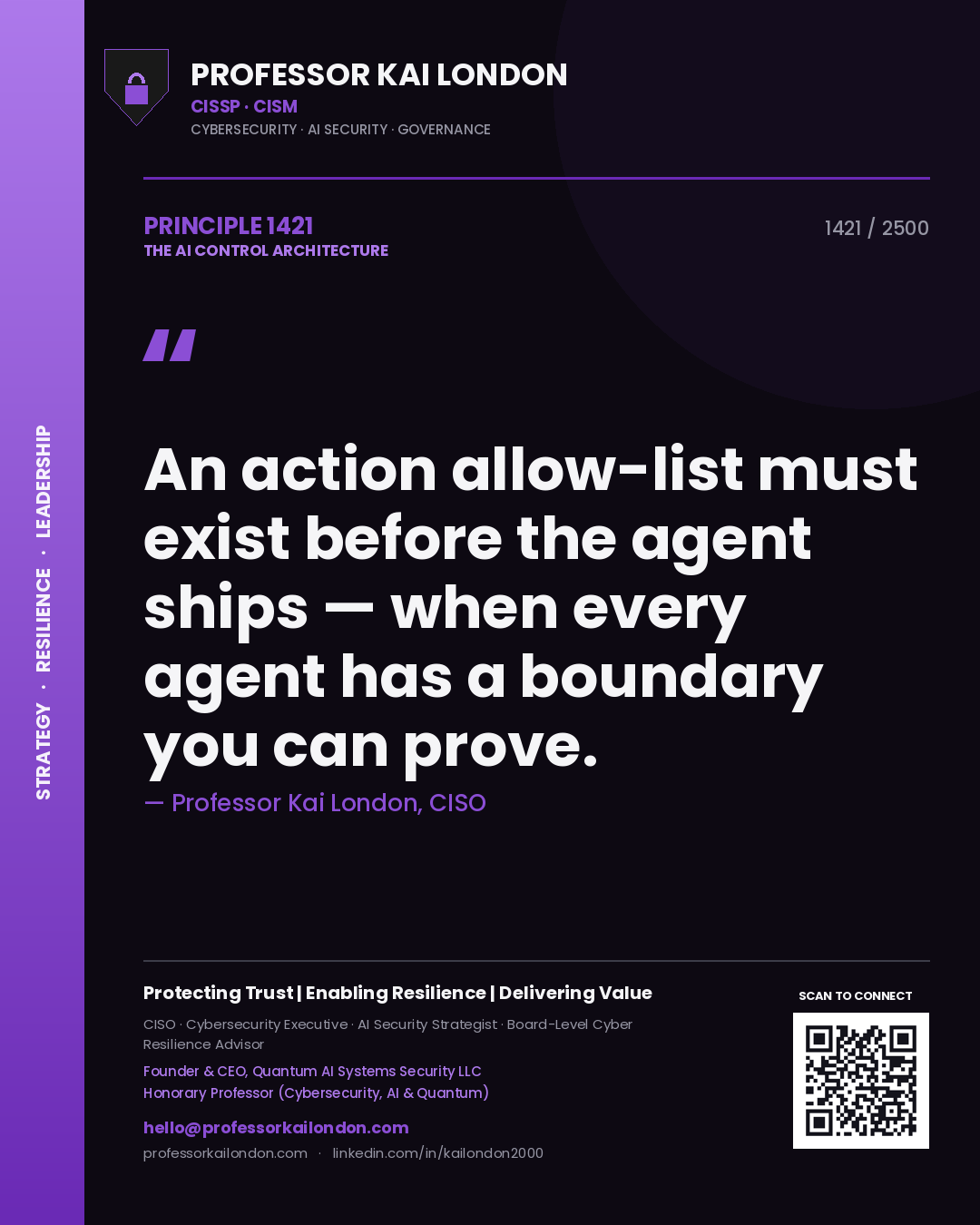 Professor Kai London principle 1421: An action allow-list must exist before the agent ships — when every agent has a boundary you can prove.