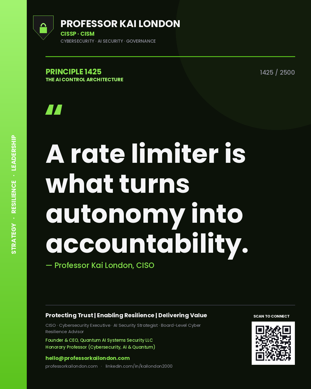 Quote card by Professor Kai London reading 'A rate limiter is what turns autonomy into accountability.'. From the book The AI Control Architecture.