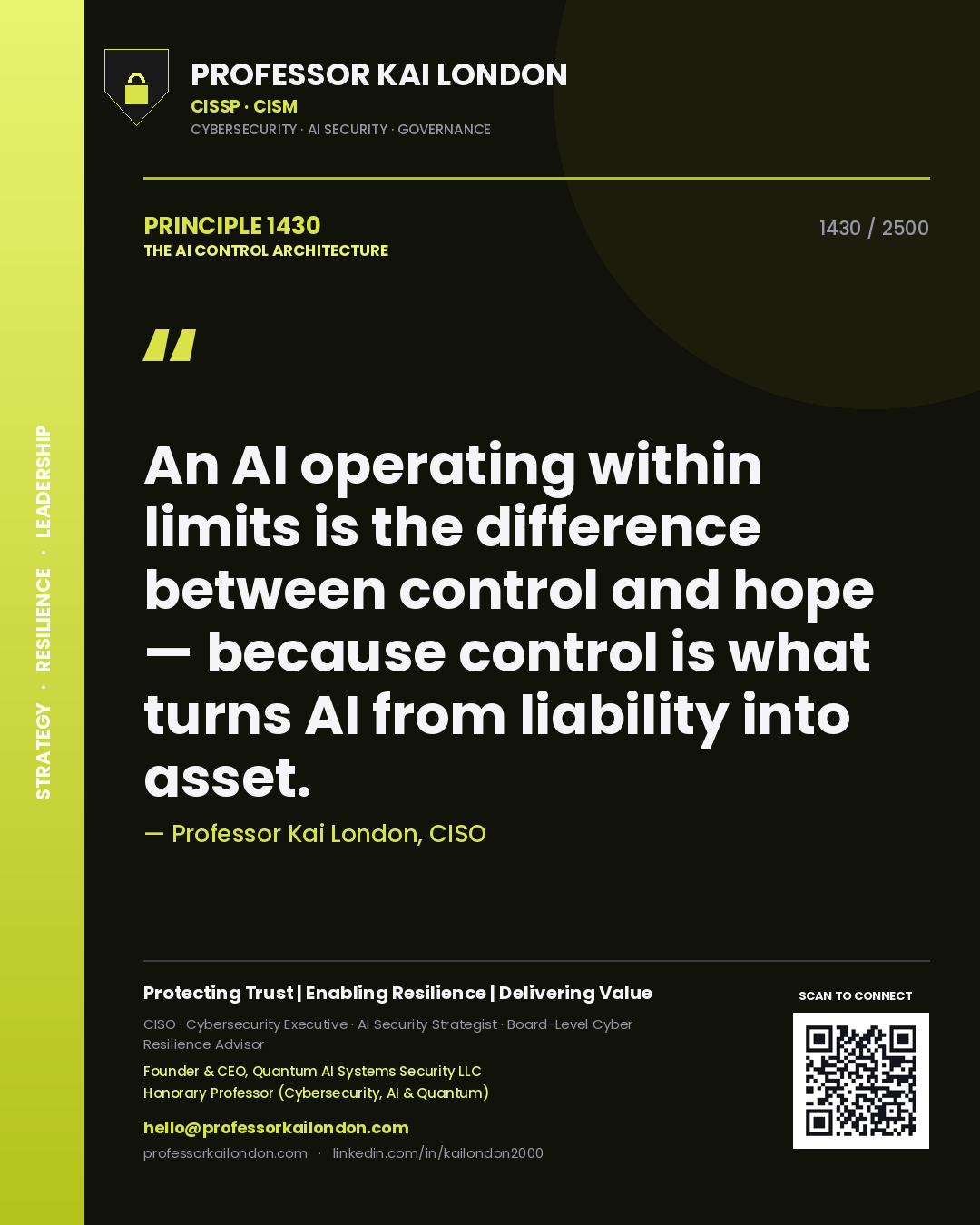Quote card by Professor Kai London reading 'An AI operating within limits is the difference between control and hope — because control is what turns AI from liability into asset.'. From the book The AI Control Architecture.