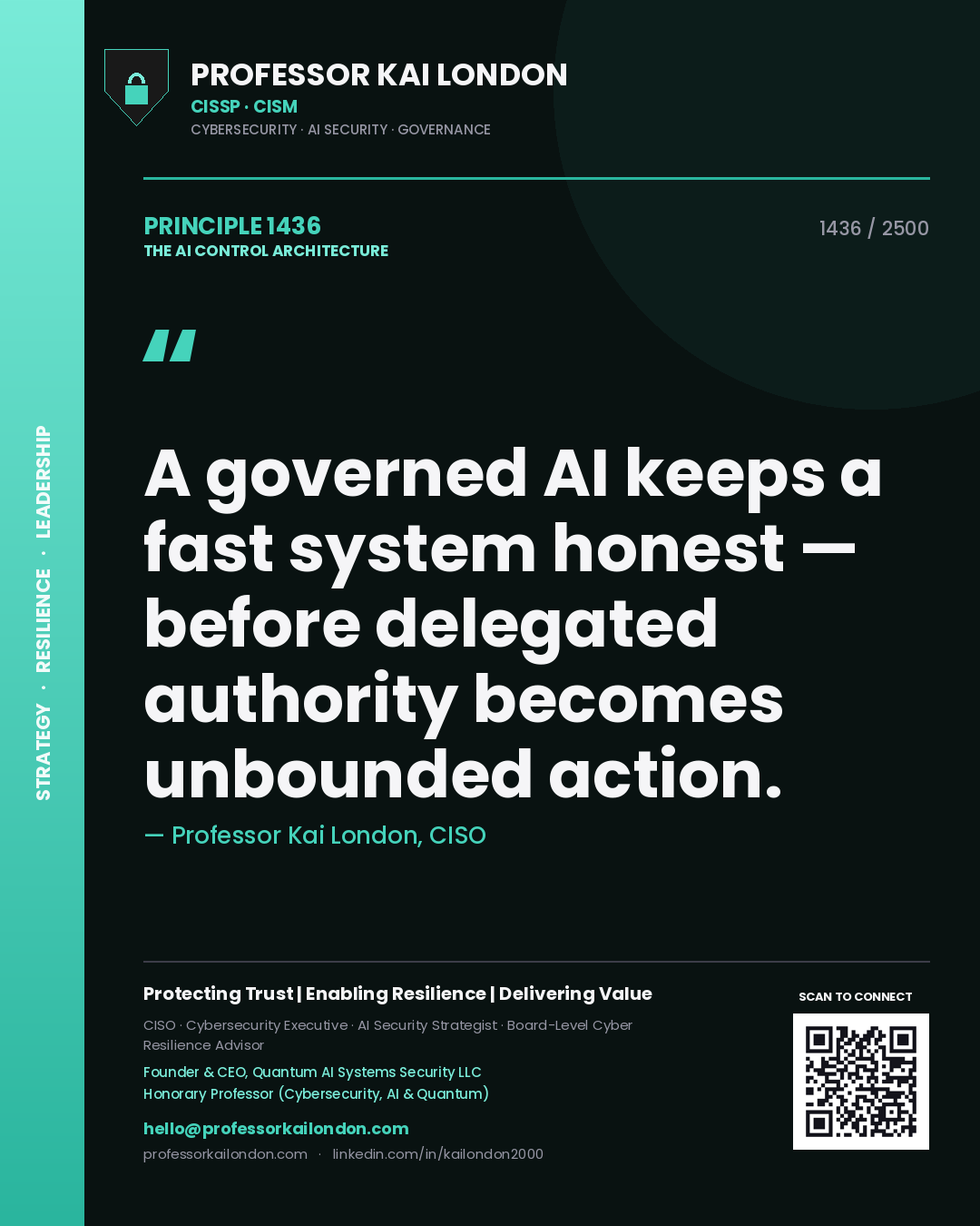 Professor Kai London principle 1436: A governed AI keeps a fast system honest — before delegated authority becomes unbounded action.