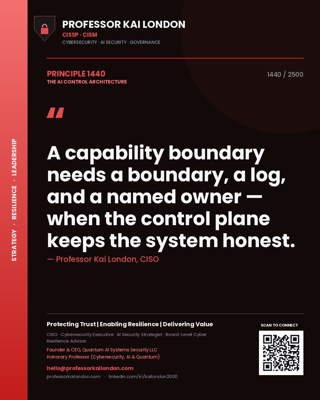 Professor Kai London principle 1440: A capability boundary needs a boundary, a log, and a named owner — when the control plane keeps the system honest.