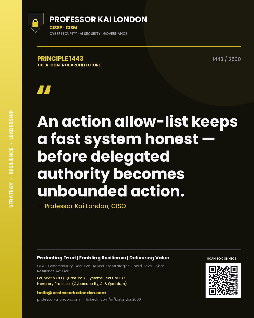 Quote card by Professor Kai London reading 'An action allow-list keeps a fast system honest — before delegated authority becomes unbounded action.'. From the book The AI Control Architecture.