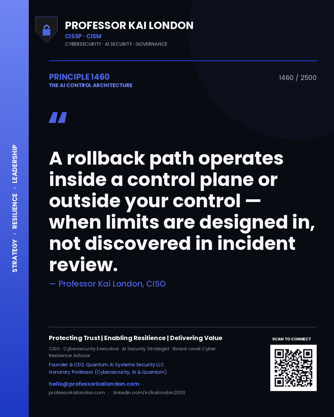 Professor Kai London principle 1460: A rollback path operates inside a control plane or outside your control — when limits are designed in, not discovered in incident review.