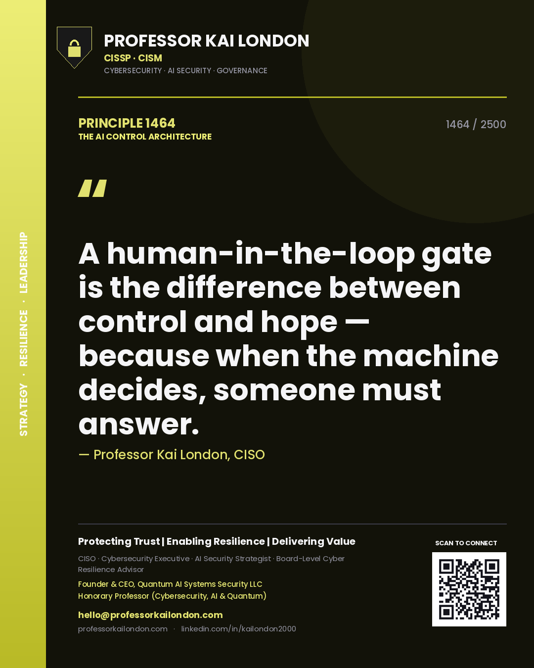 Professor Kai London principle 1464: A human-in-the-loop gate is the difference between control and hope — because when the machine decides, someone must answer.