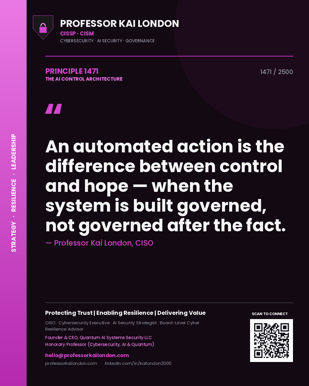 Professor Kai London principle 1471: An automated action is the difference between control and hope — when the system is built governed, not governed after the fact.