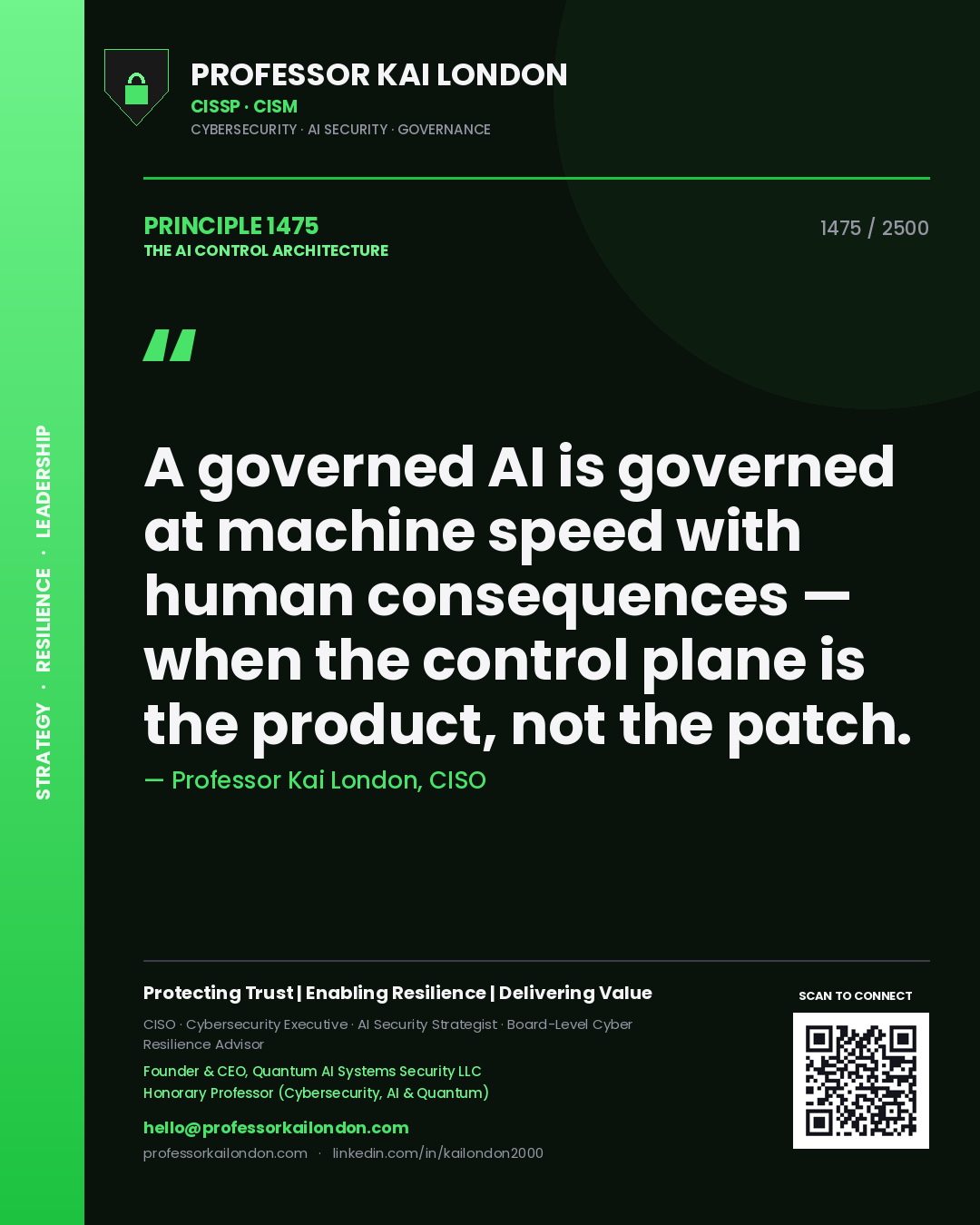 Quote card by Professor Kai London reading 'A governed AI is governed at machine speed with human consequences — when the control plane is the product, not the patch.'. From the book The AI Control Architecture.