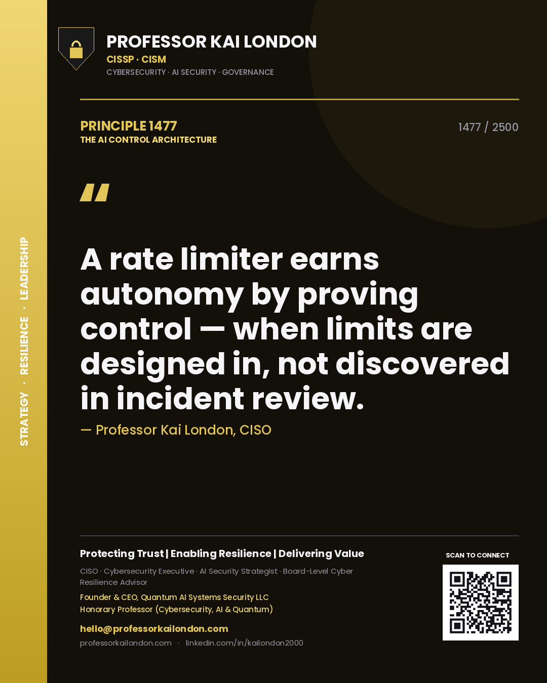 Quote card by Professor Kai London reading 'A rate limiter earns autonomy by proving control — when limits are designed in, not discovered in incident review.'. From the book The AI Control Architecture.