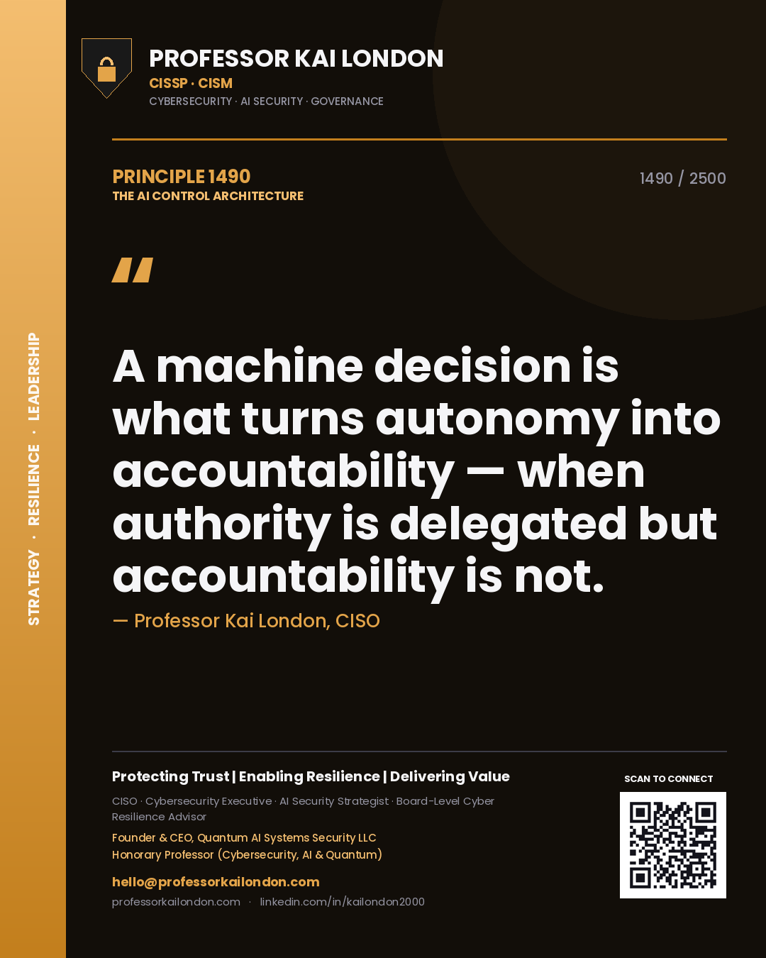 Professor Kai London principle 1490: A machine decision is what turns autonomy into accountability — when authority is delegated but accountability is not.