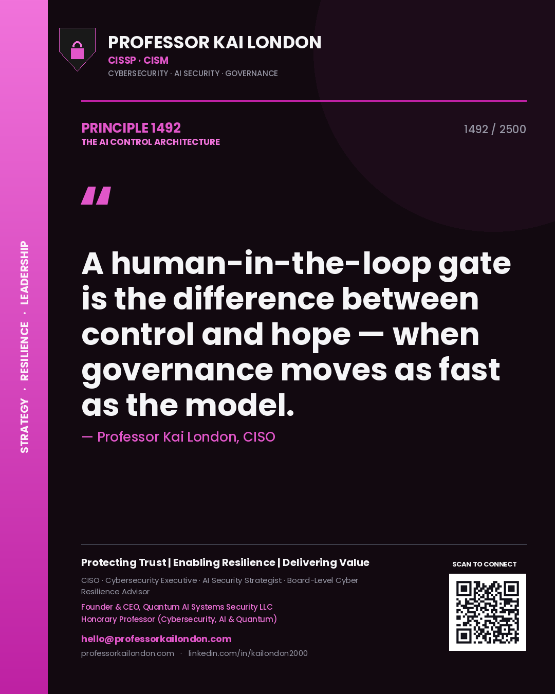 Professor Kai London principle 1492: A human-in-the-loop gate is the difference between control and hope — when governance moves as fast as the model.