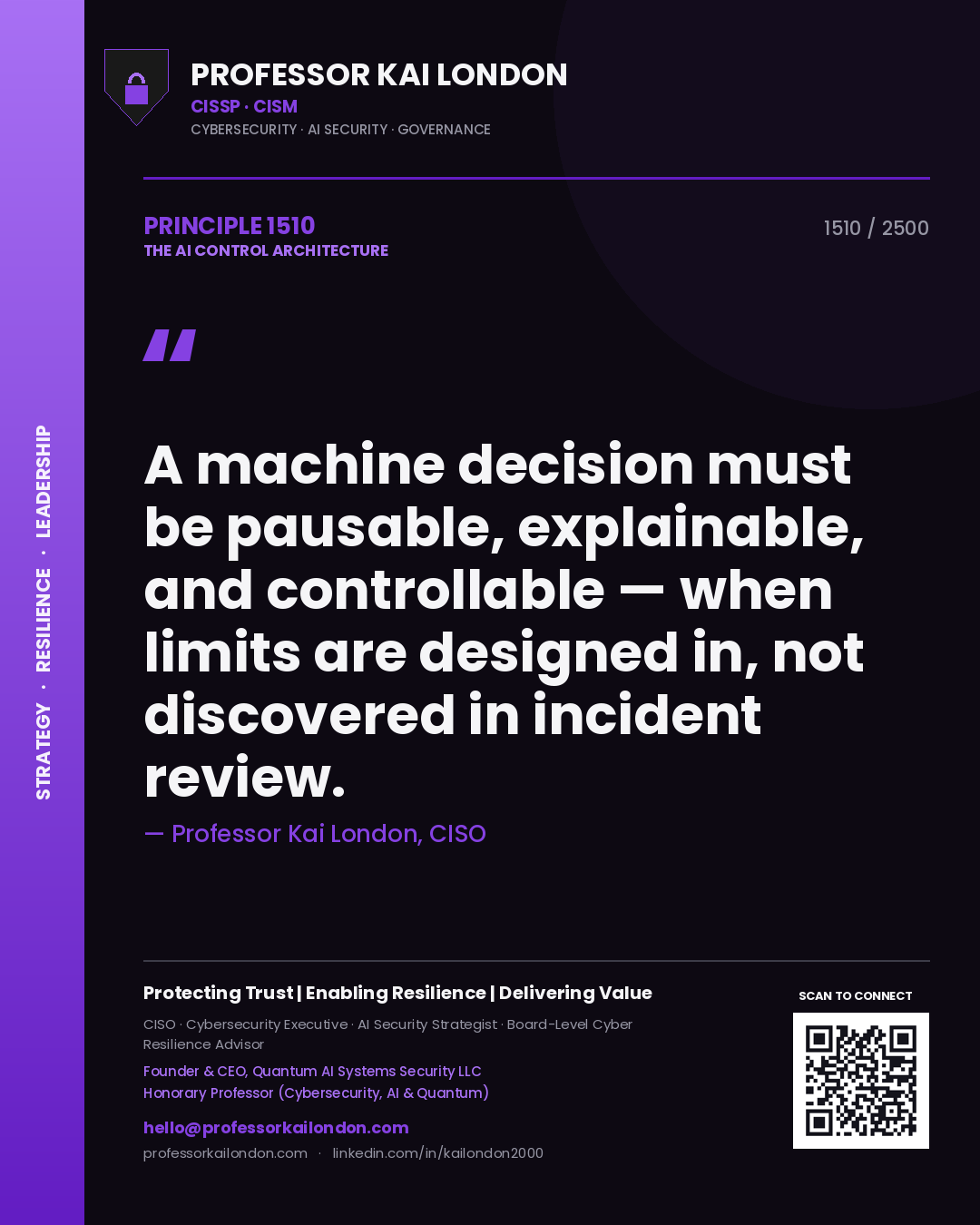 Professor Kai London principle 1510: A machine decision must be pausable, explainable, and controllable — when limits are designed in, not discovered in incident review.