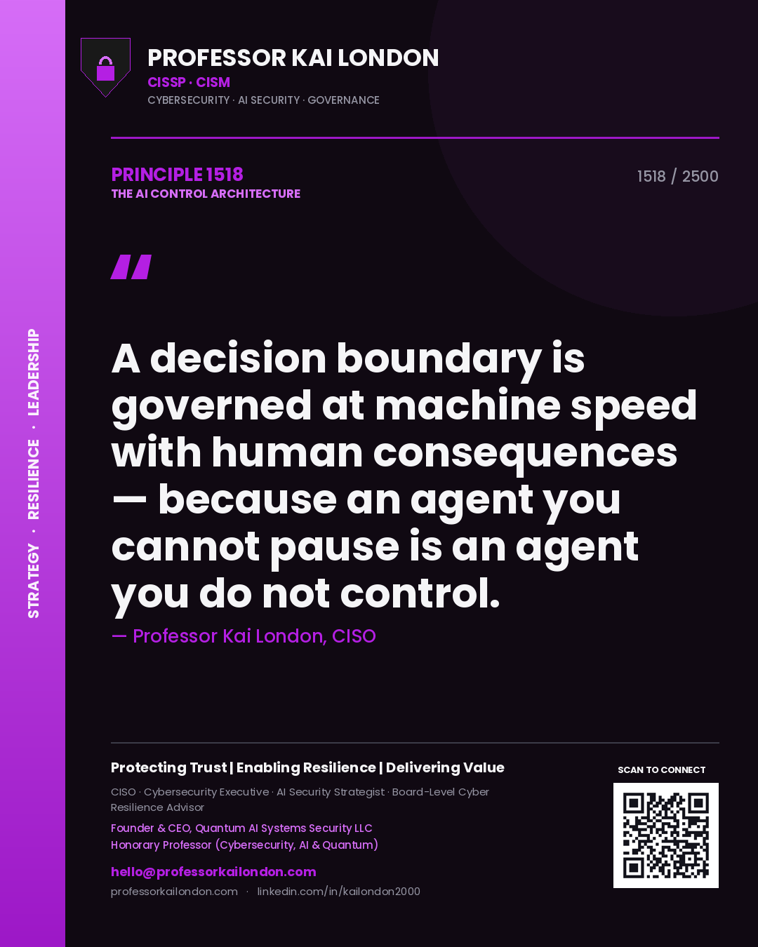 Professor Kai London principle 1518: A decision boundary is governed at machine speed with human consequences — because an agent you cannot pause is an agent you do not control.