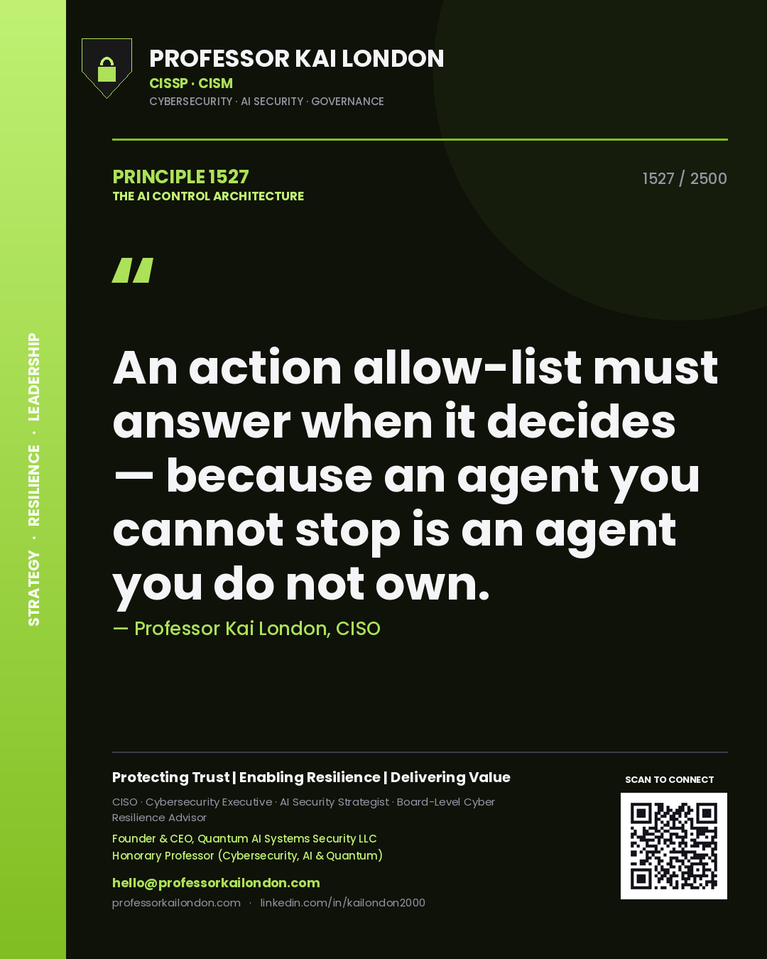 Professor Kai London principle 1527: An action allow-list must answer when it decides — because an agent you cannot stop is an agent you do not own.