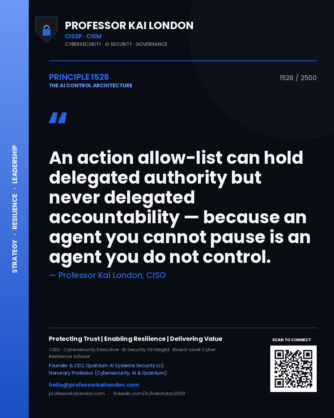 Professor Kai London principle 1528: An action allow-list can hold delegated authority but never delegated accountability — because an agent you cannot pause is an agent you do not control.