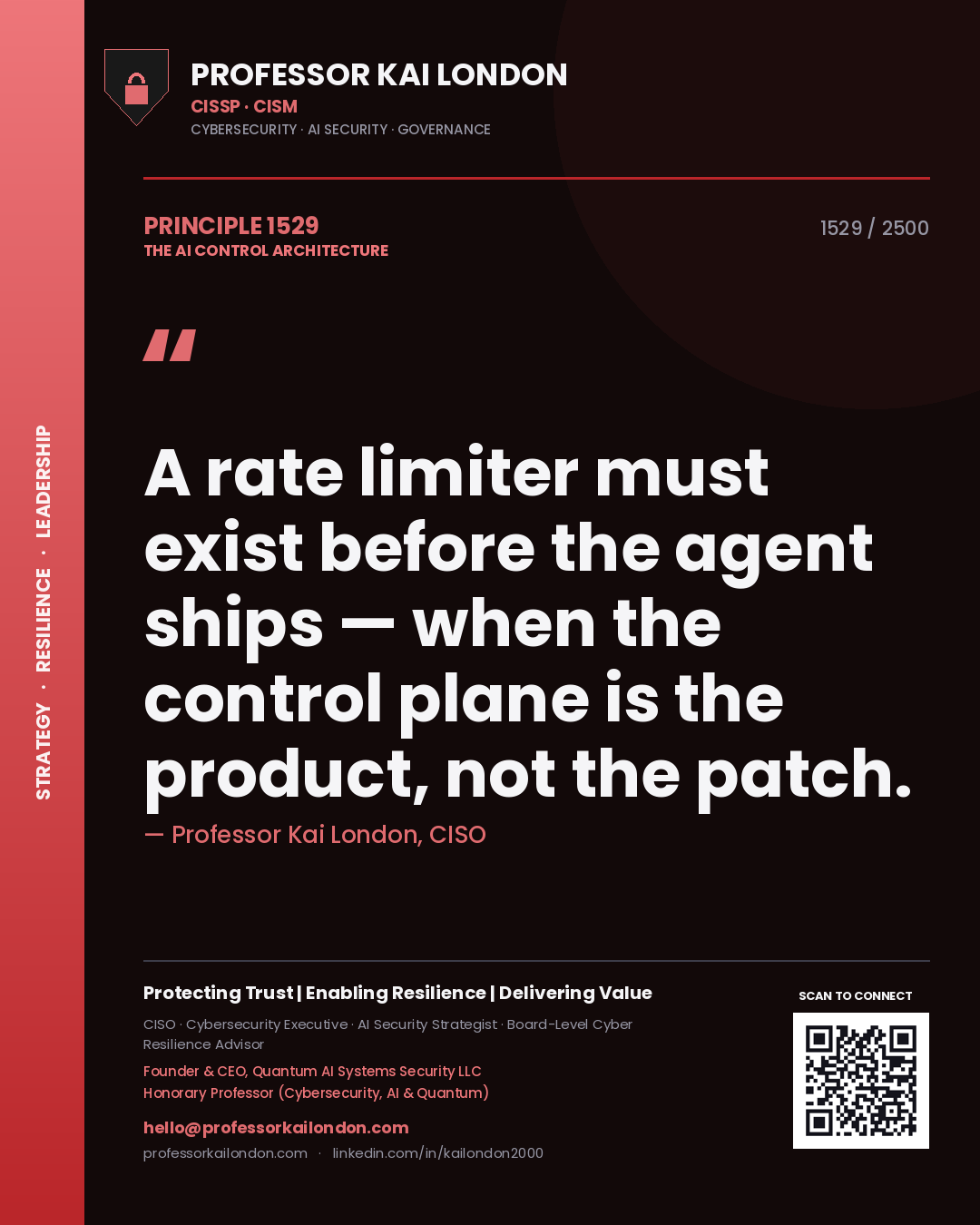 Professor Kai London principle 1529: A rate limiter must exist before the agent ships — when the control plane is the product, not the patch.