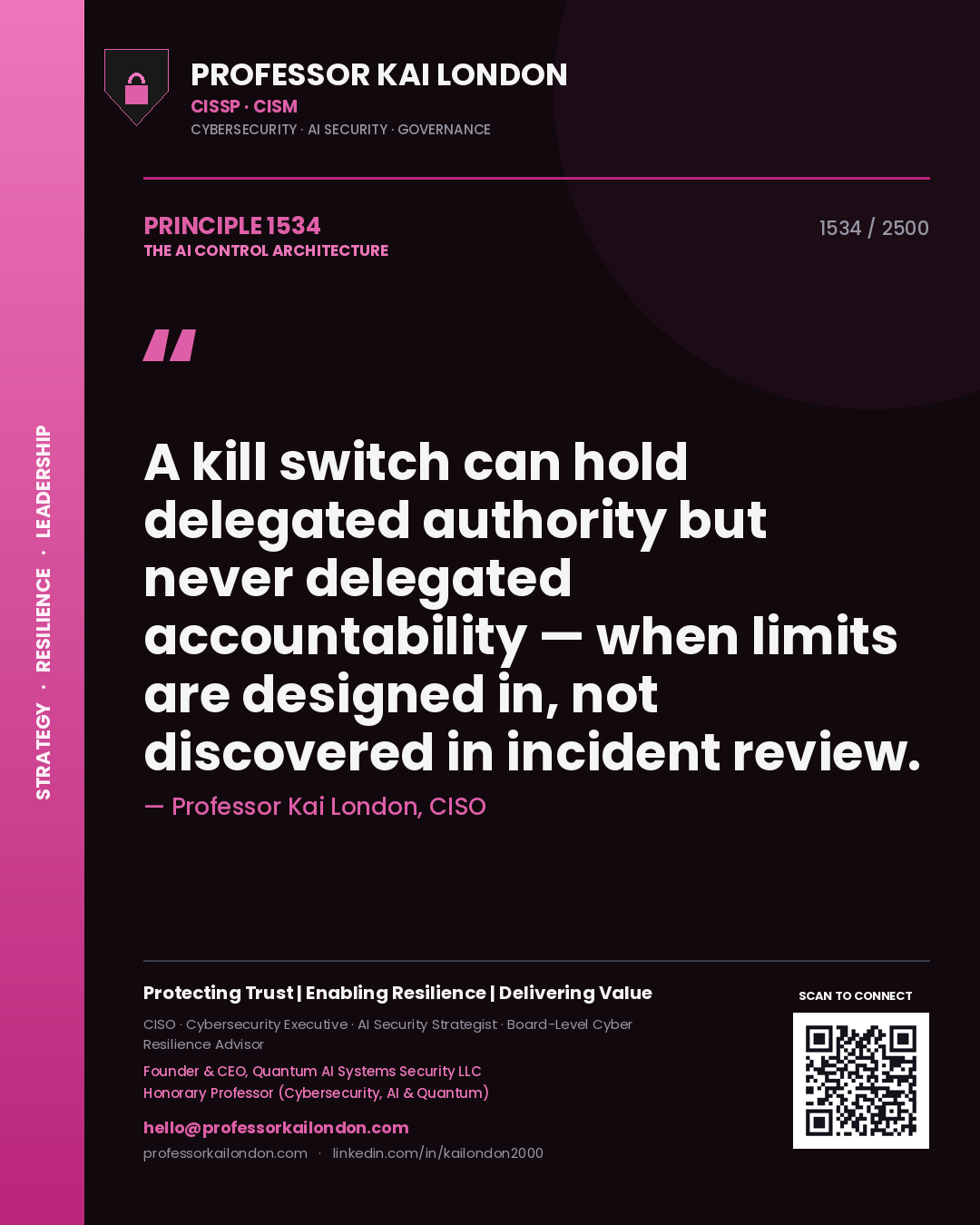 Professor Kai London principle 1534: A kill switch can hold delegated authority but never delegated accountability — when limits are designed in, not discovered in incident review.