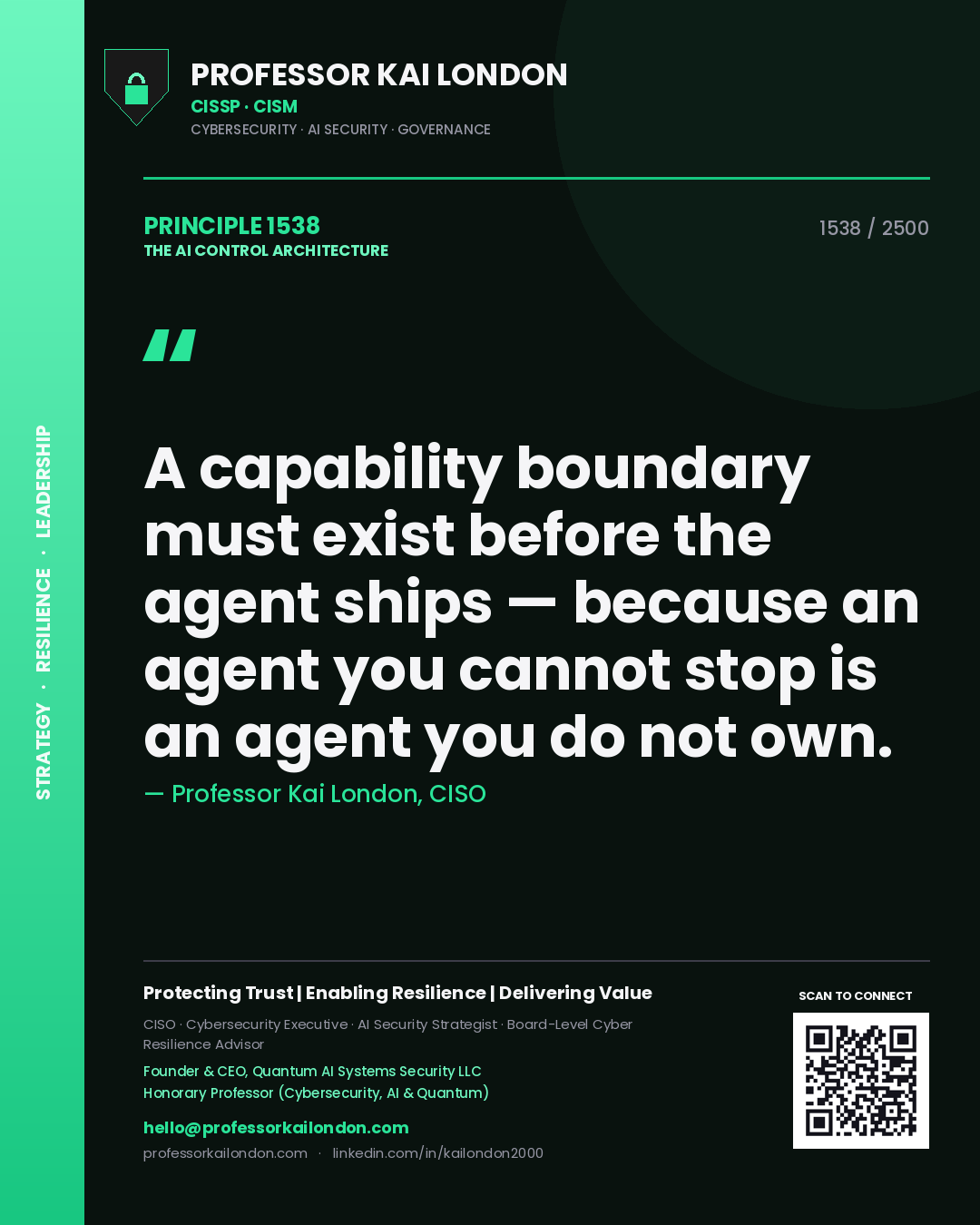 Professor Kai London principle 1538: A capability boundary must exist before the agent ships — because an agent you cannot stop is an agent you do not own.