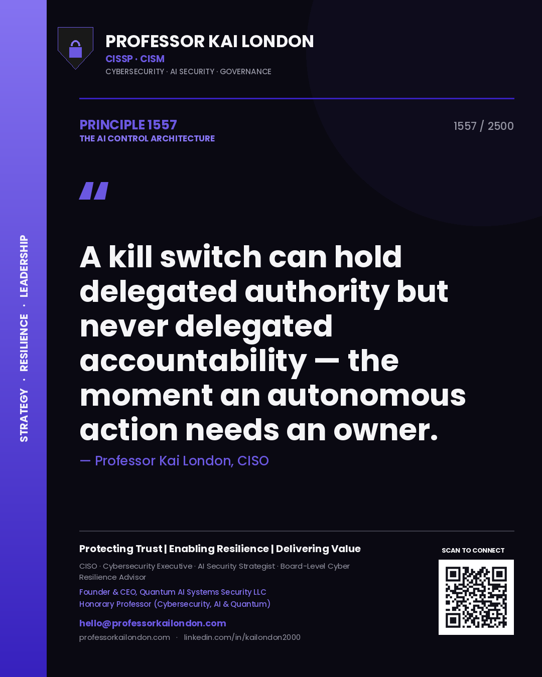 Professor Kai London principle 1557: A kill switch can hold delegated authority but never delegated accountability — the moment an autonomous action needs an owner.
