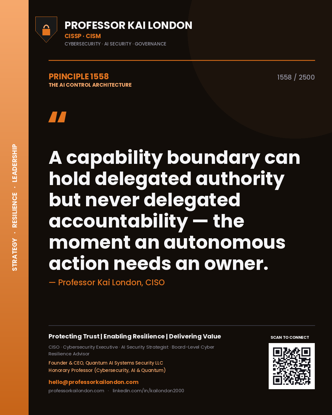 Professor Kai London principle 1558: A capability boundary can hold delegated authority but never delegated accountability — the moment an autonomous action needs an owner.